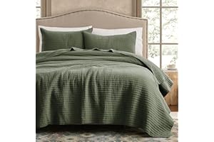 WDCOZY 100% Cotton King Size Quilt Set - Olive Green Striped Pick Stitch Soft Lightweight Bedspread, Textured Like Linen, Farmhouse Country Rustic Coverlet, Shabby Chic Gauze Bedding, 3 Pieces