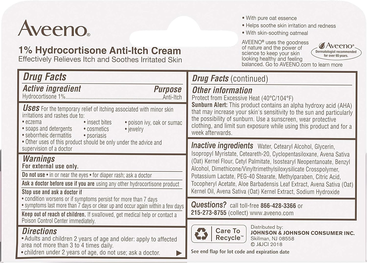 Aveeno Maximum Strength 1% Hydrocortisone Anti-Itch Cream with Pure Oat Essence, Triple Oat complex, Aloe & Vitamin E, For Itch, Rash & Redness Relief, 1 oz (Pack of 2) : Beauty