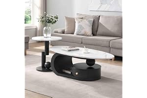 KUVADAZ Modern Nesting Coffee Table Set of 2, 2-Piece Modern Oval Decorative Coffee Center Table with White Faux Marble Top and Black Metal Base and 1 Drawer,Oval Coffee Table and Round End Table Set