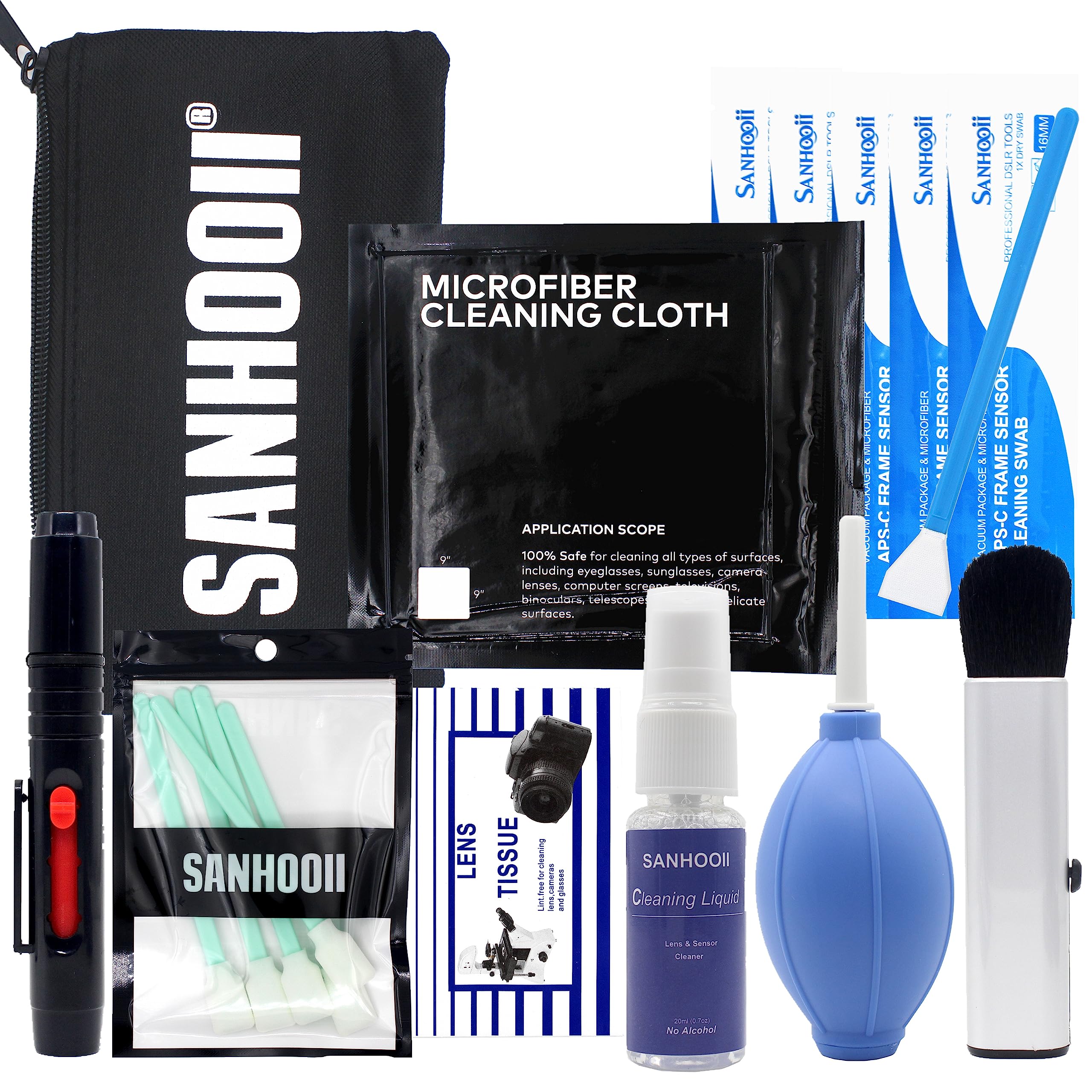 Camera Cleaning Kit for Digital SLR Mirrorless Camera Sensor Cleaning and Lens Cleaning Liquid Cleaner, Cleaning Brush, lens pen, Microfiber Cloth and Carry Bag