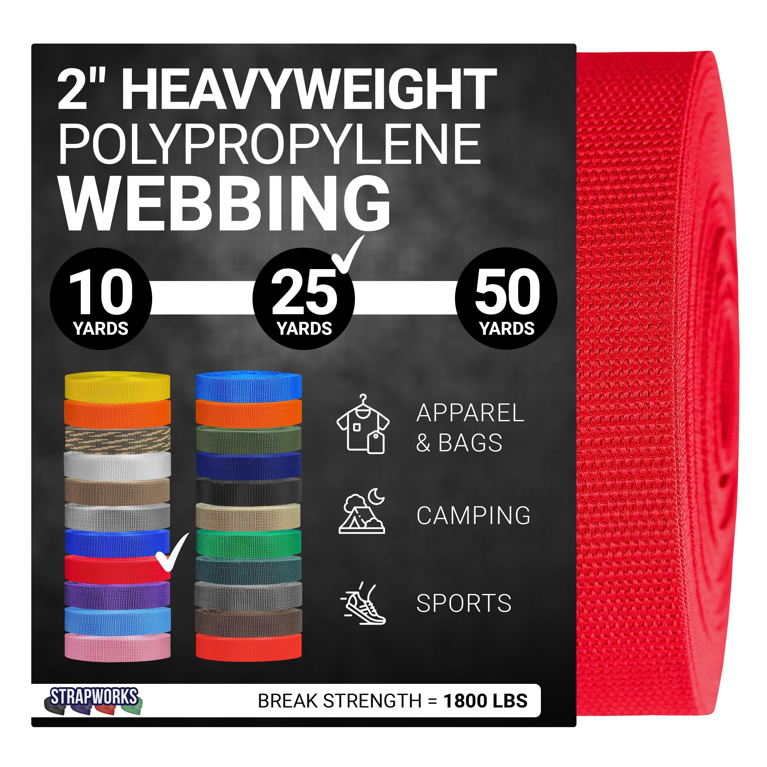 Strapworks Heavyweight Polypropylene Webbing - Heavy Duty Poly Strapping for Outdoor DIY Gear Repair, 2 Inch x 25 Yards - Red