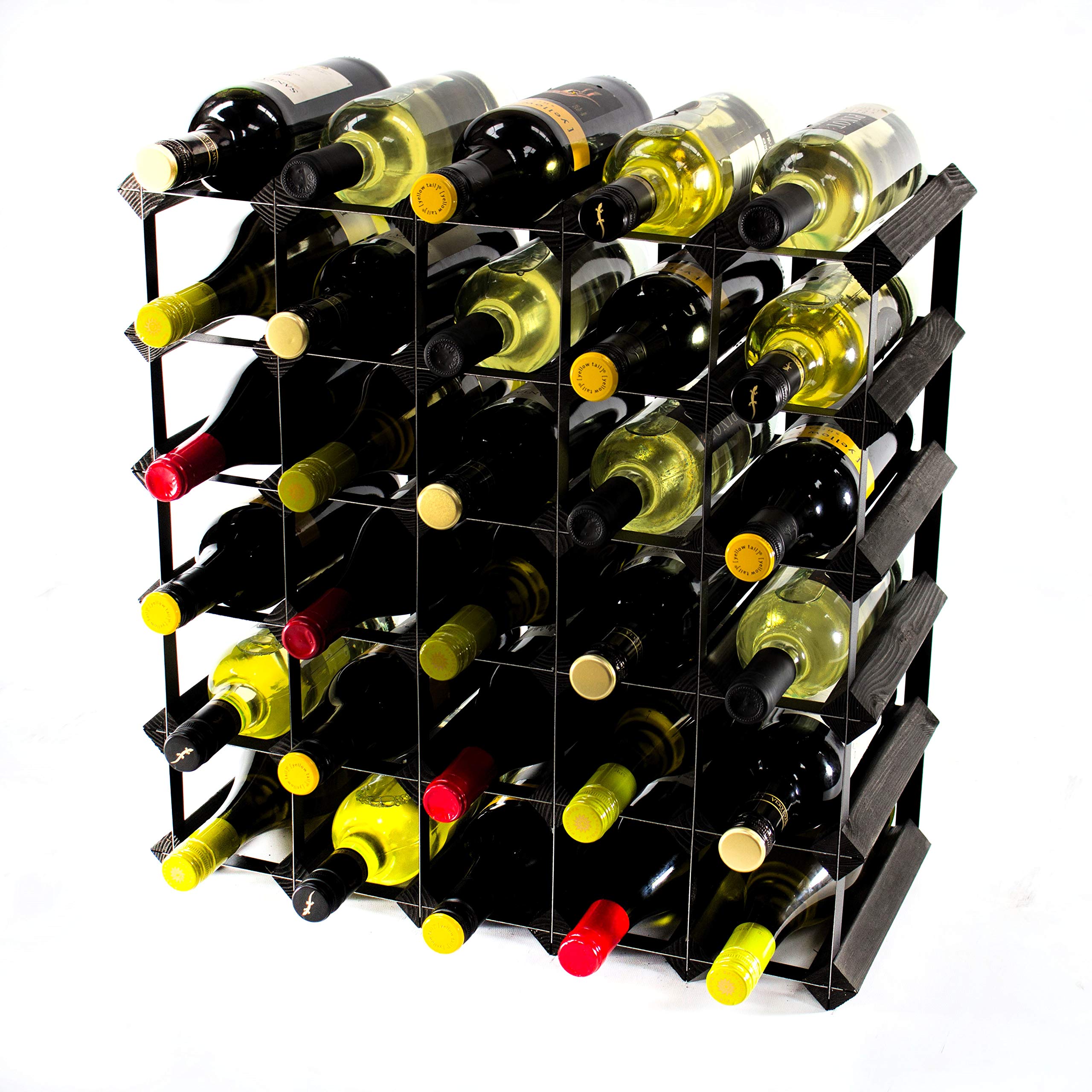 Classic 30 Bottle Black Stained Wood and Black Metal Wine Rack Ready Assembled