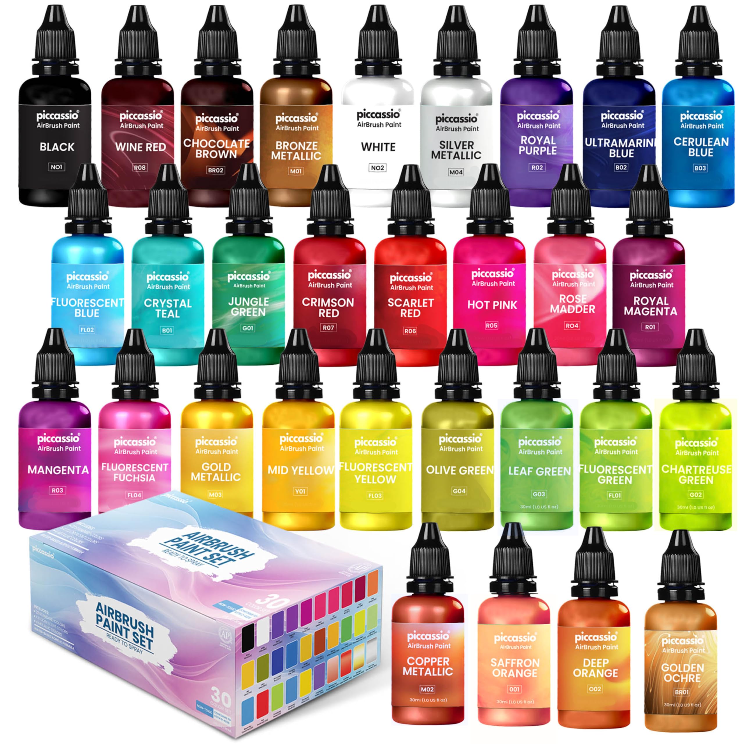 Photo 1 of Airbrush Paint, 30 Water-Based, Quick-Drying Colors for Artists & Beginners, Ideal for Wood, Ceramic, Paper, Plaster, Canvas, Plastic (30 ml/bottle)