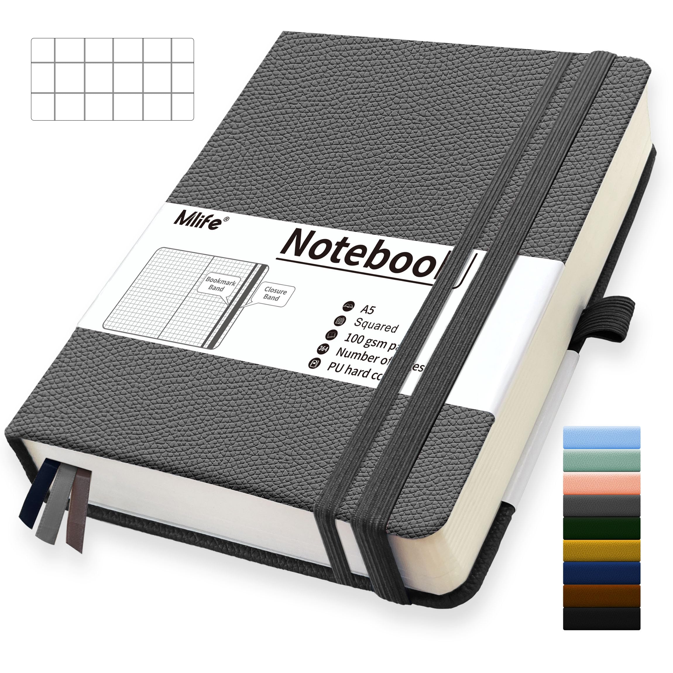 Mlife A5 Graph Paper Notebook,360 Pages Thickened Squared Notebook,Premium 100g/M² Ink Resistant Paper Thick,Pu Hard Cover Grid Notebook,Inside Pocket,Elastic Banded,Grid Paper for Writing&Diary(Gray)