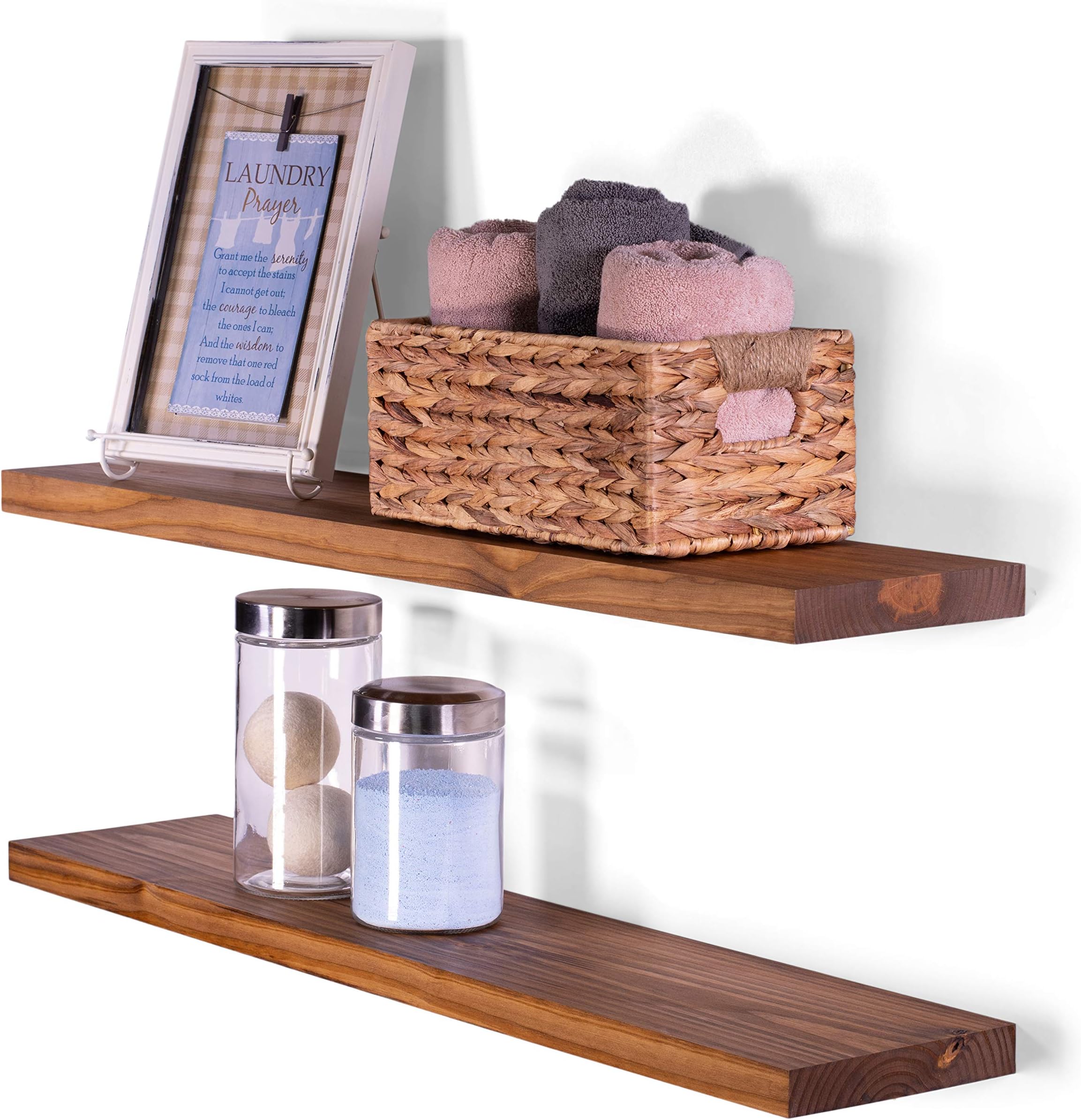 DAKODA LOVE 36" x 8" Clean Edge Solid Wood Floating Shelves | Premium Handmade Quality | Easy Hidden Bracket Wall Mount | Modern Rustic Pine | Set of 2 (Buckskin)