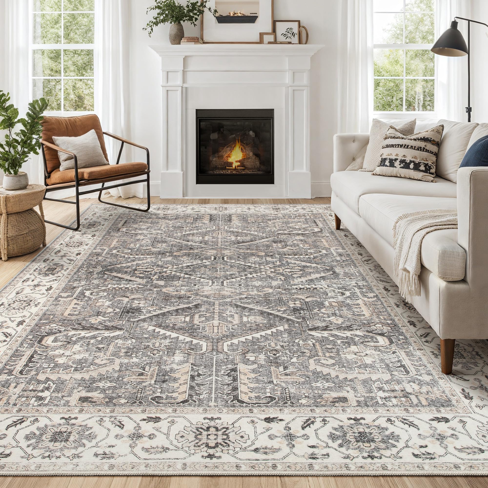 Photo 1 of Area Rugs 5x7 for Living Room - Washable Soft Large Vintage Rug Non-Slip Stain Resistant Traditional Stain Resistant Indoor Floor Low Pile Carpet for Bedroom Dining Room or Home Office - Gray