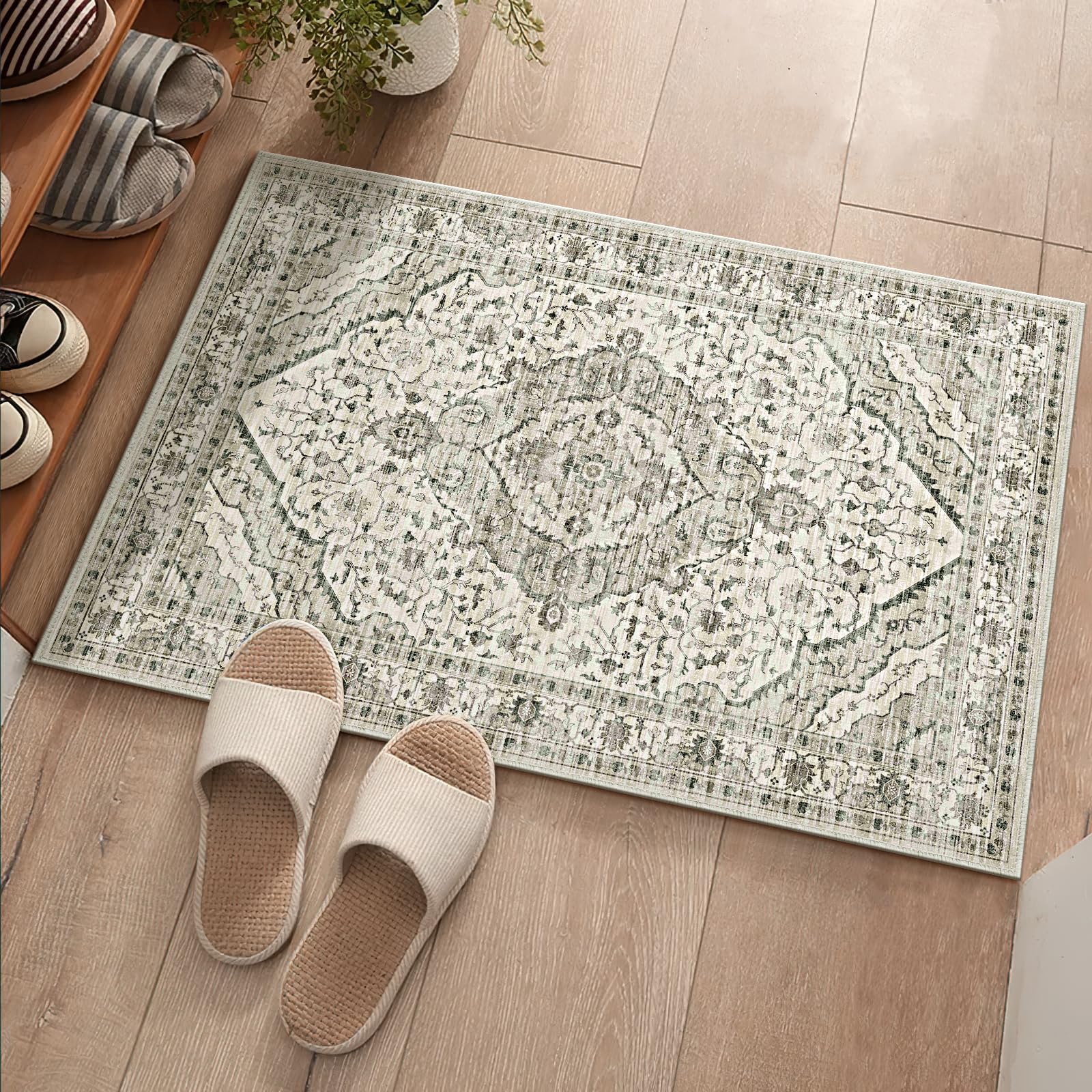 Photo 1 of Deerly Boho 2x3 Area Rug Entryway Rugs for Bedroom Bathroom Kitchen 2x3 Small Soft Rugs Low Pile Keep Off Rug Carpet Washable Rug Oriental Vintage Area Rug Cream