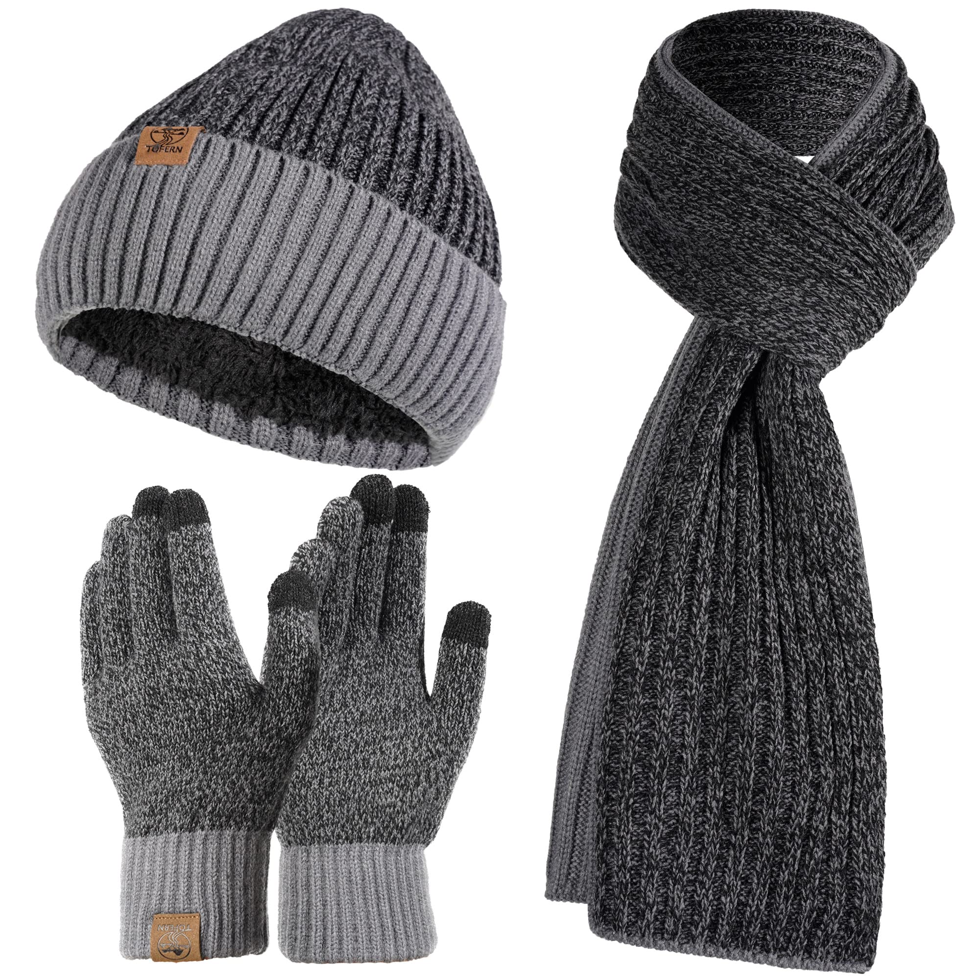 Tofern Winter Beanie Hat Scarf Touch Screen Gloves Set 3 Pieces Soft Warm Knitted Beanie Cap Neck Warmer Gloves Fleece Lined for Men and Women Outdoor Sports