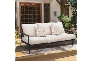 NATURAL EXPRESSIONS Patio Sofa Outdoor Furniture Metal Chair with Wicker Backrest & 6 Inches Cushion for Indoor, Front Porch, Deck, Balcony, Backyard, Sunroom, 73.35"(L) x 29.75"(W) x 33.86"(H).