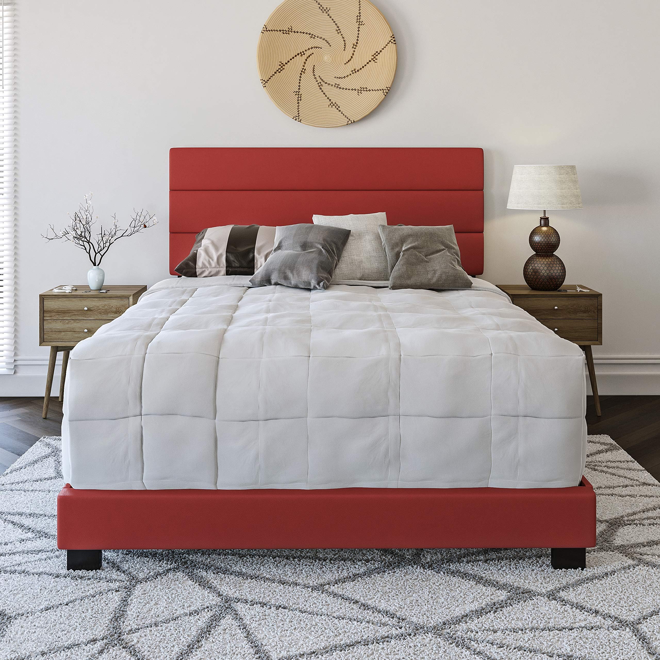 Boyd Sleep Montana Upholstered Platform Bed Frame Mattress Foundation with Tri-Panel Headboard and Strong Wood Slat Supports: Faux Leather, Red, Queen