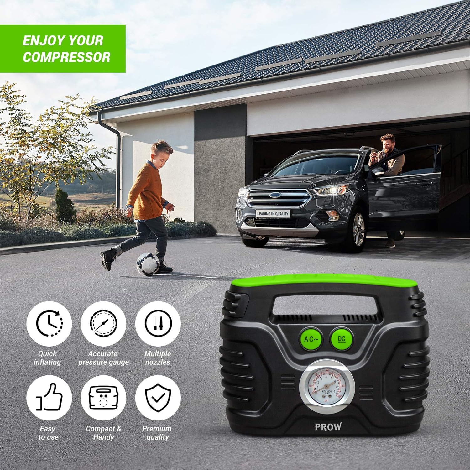 Prow Portable Air Compressor Tire Inflator AC/DC Electric Pump for Car – DC 12V, Home – AC 110V, Upscale, with Analog Pressure gauge, Air pump for Car Tires, Motorcycle, Bike, Basketball and More.: Home Improvement