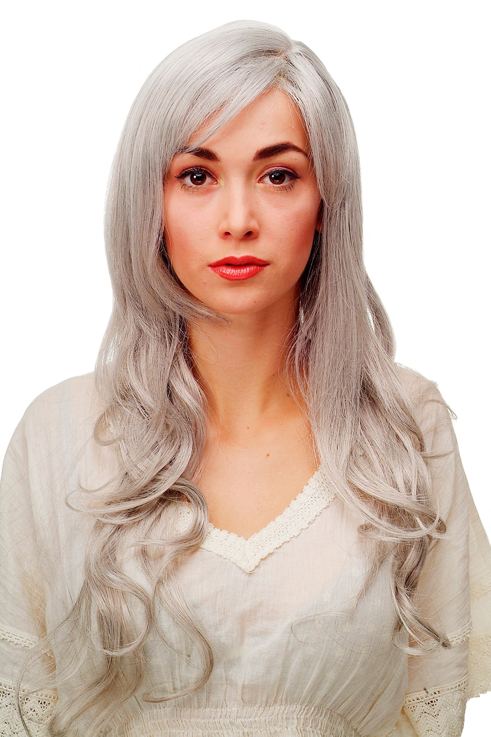 WIG ME UP 9204S-51 Stunning Lady Quality Wig very long wavy long fringe (for side parting) silvery grey 27,5 inch