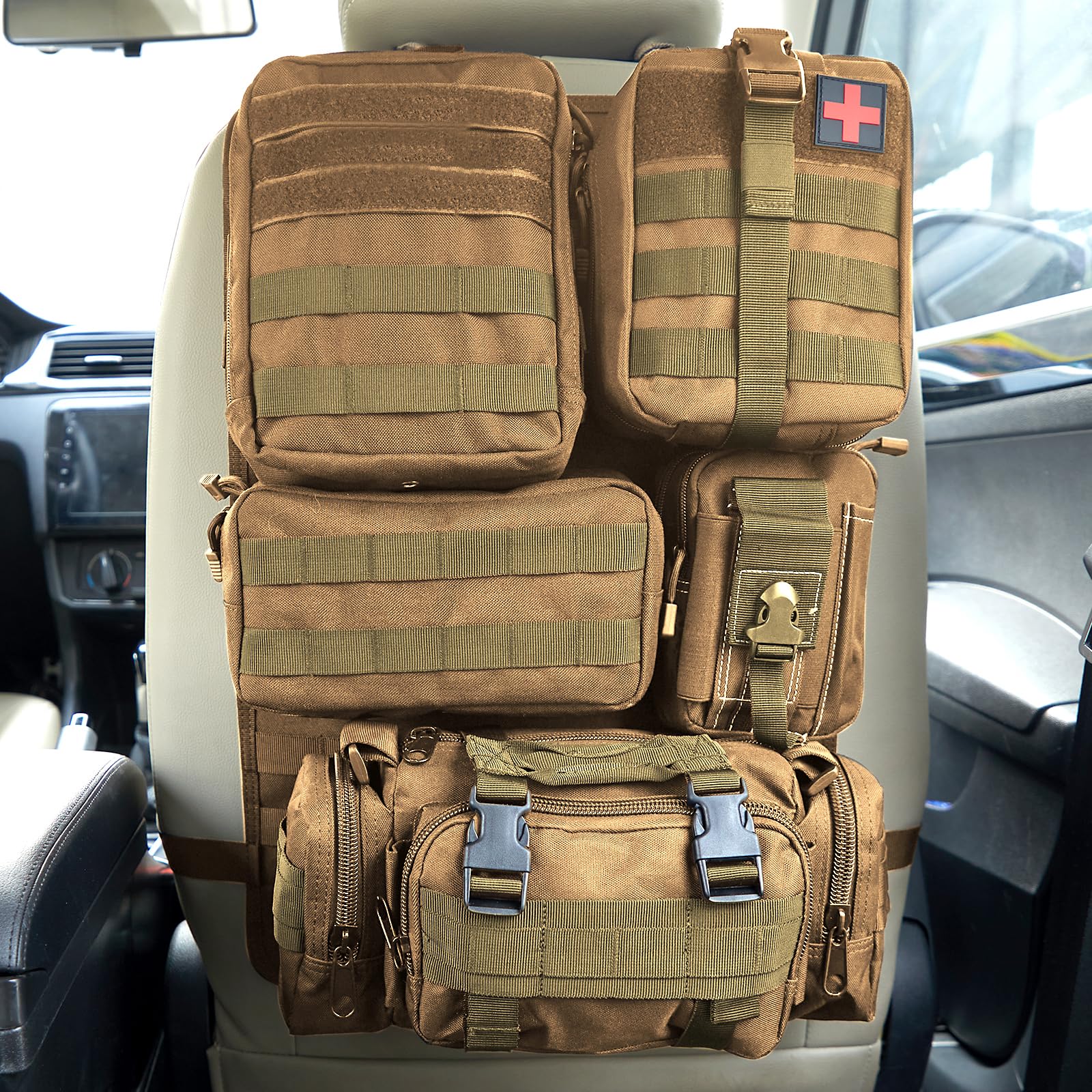 Photo 1 of Universal Tactical Seat ?Back Organizer Vehicle Molle Panel Organizer Storage Bag with 5 Detachable Molle Pouch for All Vehicel Such as Jeep,Truck,SUV, Car, Ford,Chevy etc (A model-Khaki)