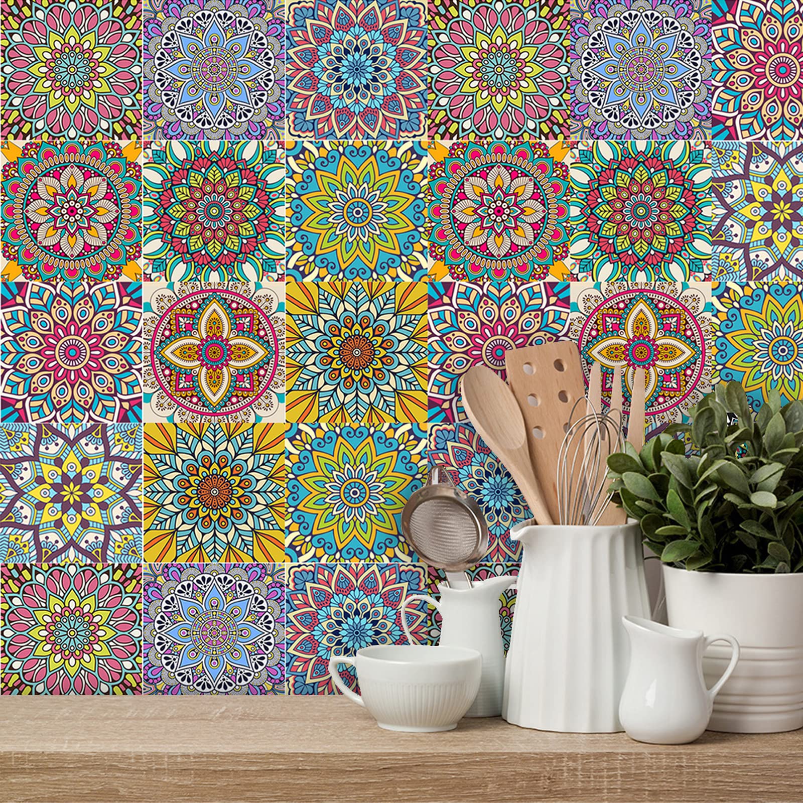 BANLMEYD 24pcs Mandala Tile Stickers Colorful Bathroom Tile Stickers for Kitchen Bathroom Living Room Fireplace Stairs Backsplash Home Waterproof Moroccan Stickers for Tile 6"x6" 15x15cm