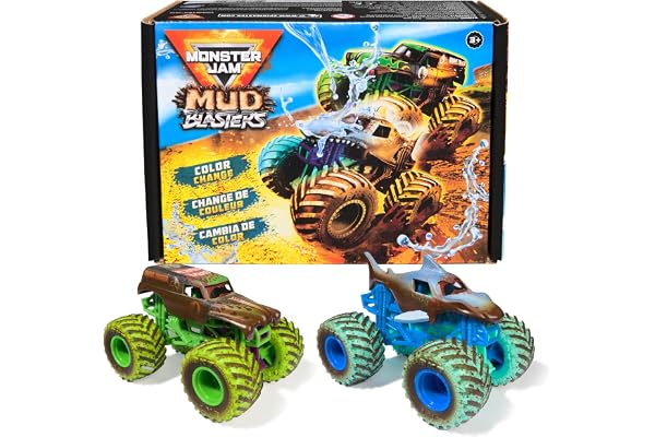 Monster Jam Mud Blasters Grave Digger & Megalodon 2-Pack | Includes 2 Color Change Trucks, Dunk in Water to Reveal Clean Truc