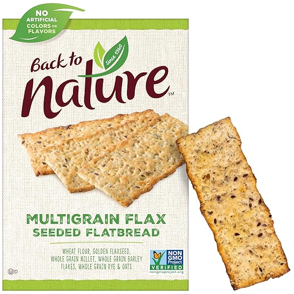 BACK TO NATURE MULTIGRAIN FLAX SEEDED FLATBREAD CRACKERS – DAIRY FREE, NON-GMO, MADE WITH WHEAT FLOUR & WHOLE GRAINS, DELICIOUS & QUALITY SNACKS, 5.5 OUNCE