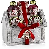 Birthday Gifts from Son, Home Spa Gift Basket, 8pc Bath & Body Set for Women & Men, Exotic Pomegranate Scent, Shower Gel, Bubble Bath, Lotion, Bath Salt, Body Scrub, Towel, Cosmetic Bag & Wood Case