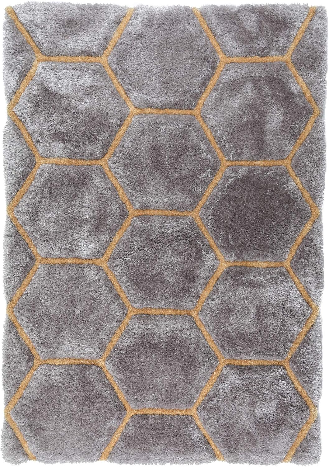 Lord of Rugs Hand Tufted Shaggy Rug Bedroom Living Room 3D Geometric Soft Silky Shiny Rug Ochre Medium 120x170 cm (4'x5'6") - Image 3