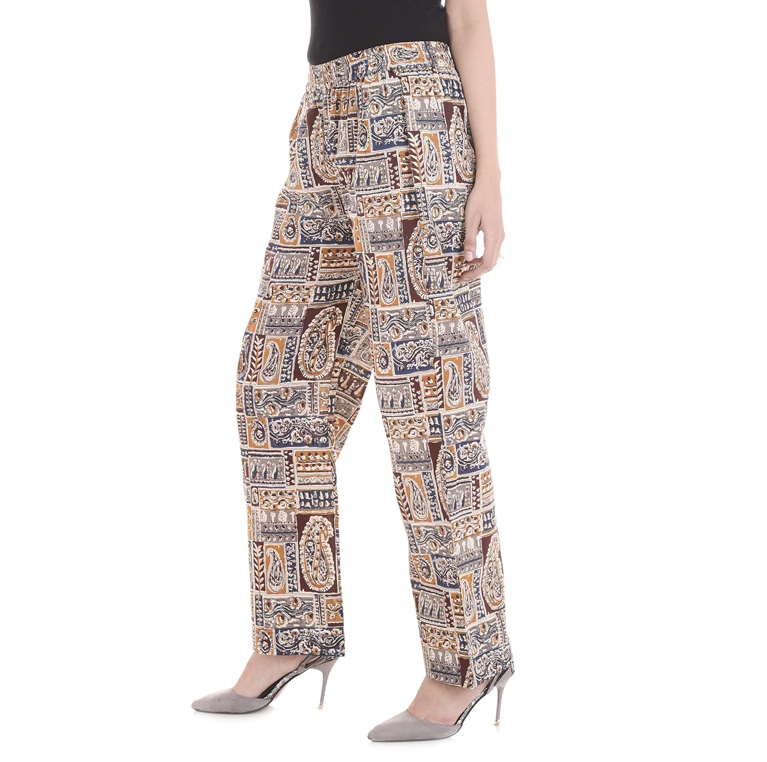 palakh women's cotton printed straight palazzo trouser (dark brown)