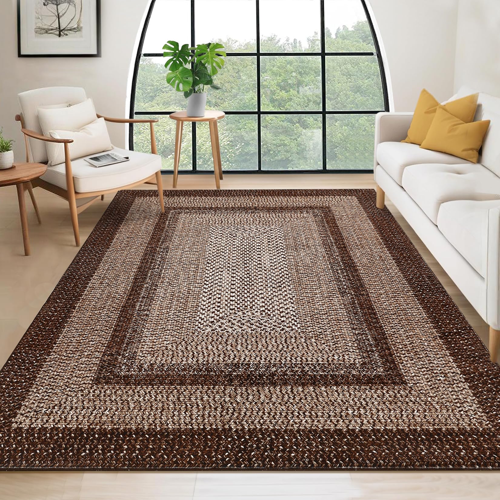 Photo 1 of RUGSREAL Boho Rug 4x6 for Bedroom Machine Washable Rug Braided Print Floor Cover Indoor Non Slip Throw Carpet Farmhouse Rustic Accent Rug Moroccan Carpet for Living Room Home Decor, Brown