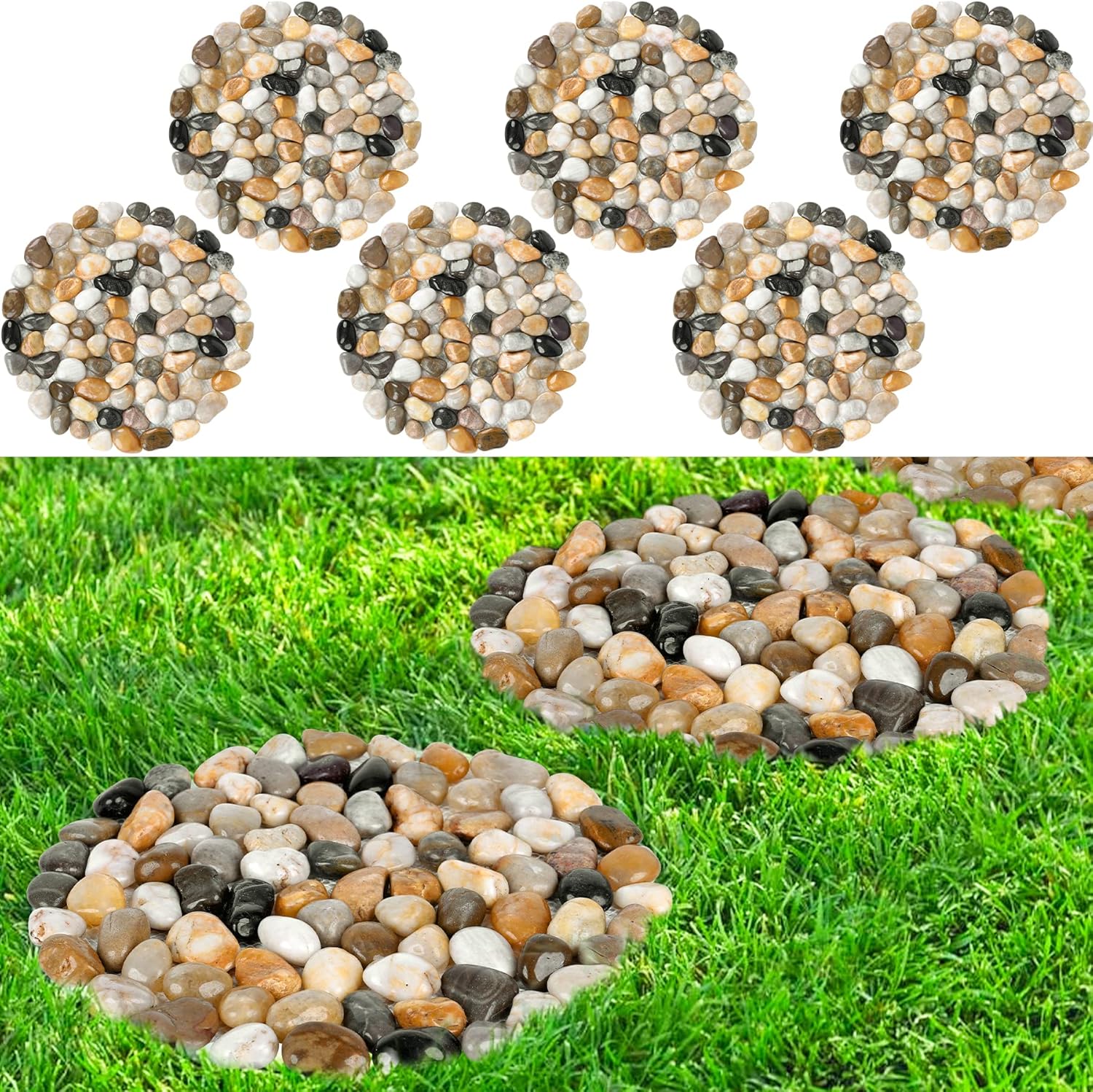 Hardscaping Materials - River Rock Stepping Stones Outdoor for Garden Walkway, 12 inch Diameter 6 Pcs Round Shape Paver Step Stones Polished Pebble River Stone Mat for Yard Lawn Patio Pathway Walk Way