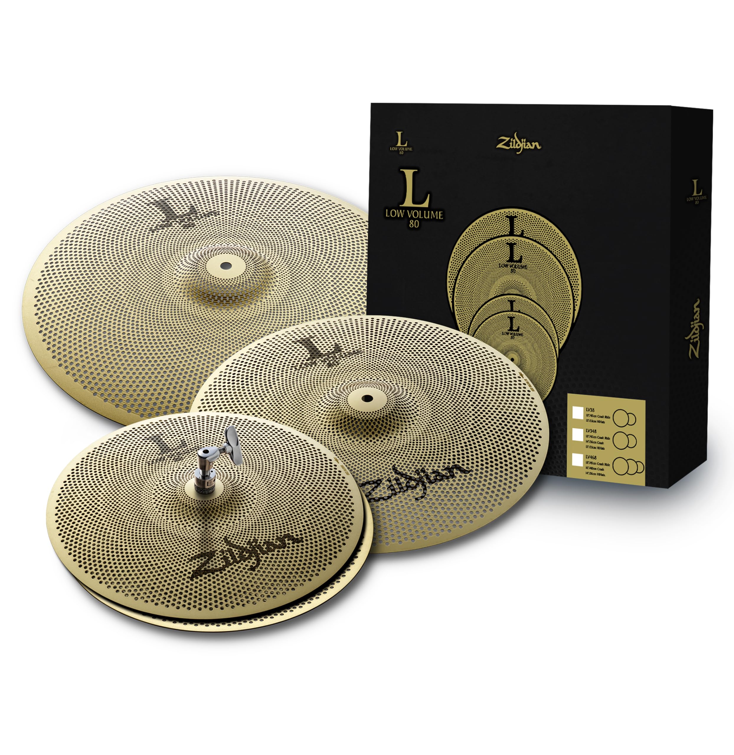 Zildjian L80 Series Low Volume 3 Cymbal Box Set - 14 Inch Hi-Hats, 16 Inch Crash, 18 Inch Crash/Ride