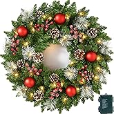 UMEEUTOO 24 Inch Pre-Lit Artificial Christmas Wreath for Front Door, Christmas Door Decorations Wreath with LED Warm Lights, Balls, Pine Needles, and Red Berries Wall Windows Ornament