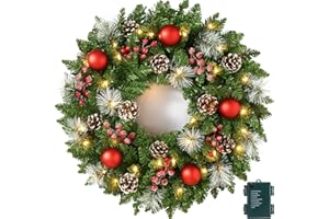 UMEEUTOO 24 Inch Pre-Lit Artificial Christmas Wreath for Front Door, Christmas Door Decorations Wreath with LED Warm Lights, Balls, Pine Needles, and Red Berries Wall Windows Ornament