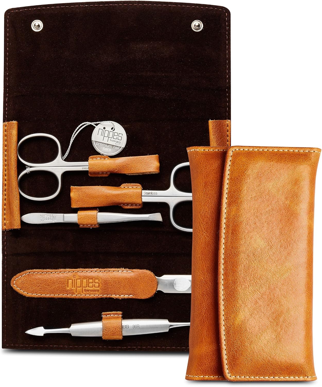 Nippes Solingen Nippes Premium Line Manicure Set Cognac 5-Piece Stainless Steel Rust- and Nickel- Genuine Cowhide Leather Case with Press Stud - Image 3