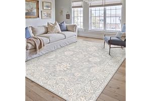 WondRg 6x9 Washable Area Rug for Living Room Bedroom Blue Neutral Distressed Carpet Low Pile Soft Thin Tapis Salon Floral Non