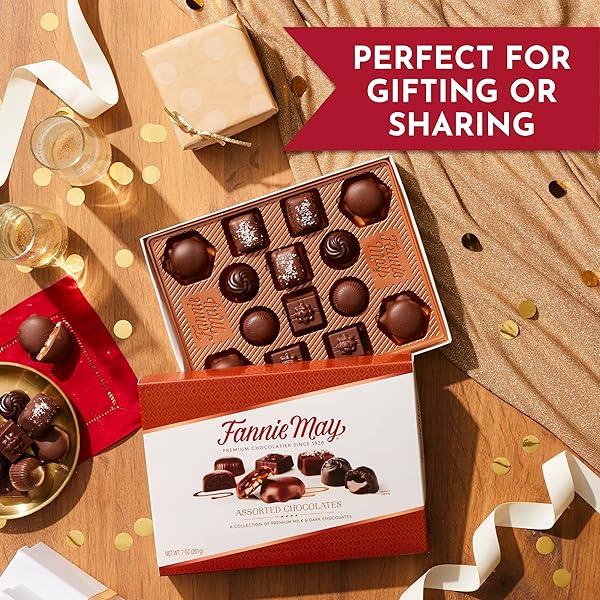 FANNIE MAY, MILK AND DARK CHOCOLATE HOLIDAY GIFTS, ASSORTED CHOCOLATES, CHOCOLATE GIFT BOX, 7 OZ
