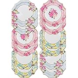 Pack of 12 Small Vintage Floral Paper Plates - Pink, Blue, Yellow, Scalloped Edge | Truly Scrumptious | Disposable Tableware 