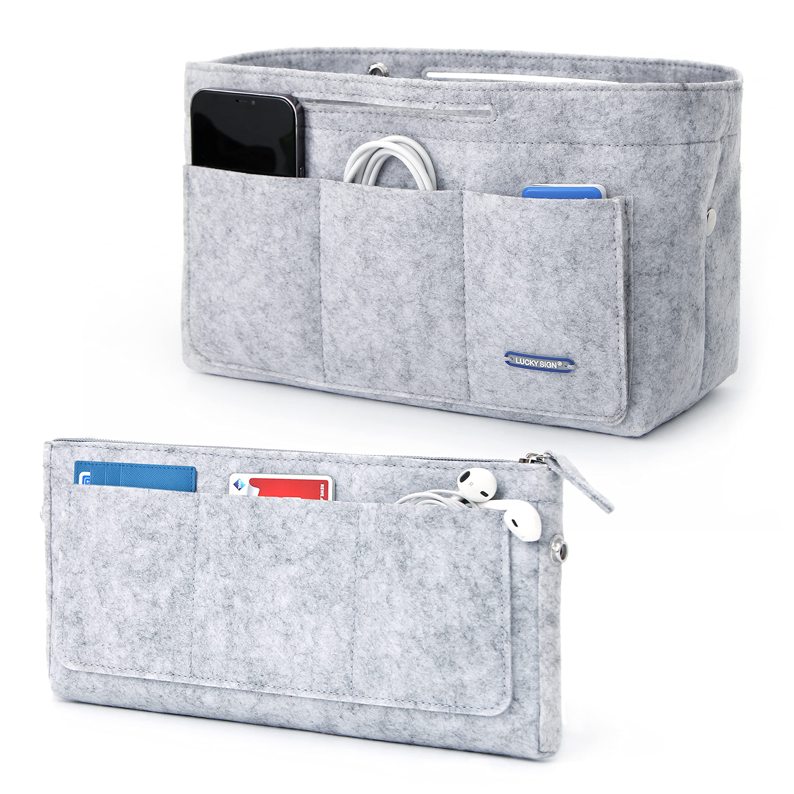 Lucky Sign - Pocket organiser for handbags, inner pockets for handbags with key chain, multifunctional, made of felt, 26x11x16cm - Light grey