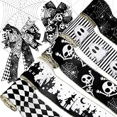 JarThenaAMCS 5 Roll Halloween Wired Edge Ribbon - 2.5 Inch, 30 Yards Ghost Skeleton Spider Web - White & Black Spooky Gift Wrap Ribbon for Bow, Wreath, Craft & Party Decor