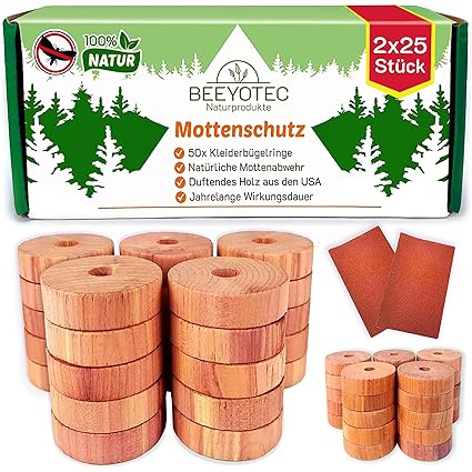 BeeyoTec 50x BIO Mottenschutz VORTEILSPACKUNG [2x25Stück] Natürlicher Schutz vor Kleidermotten aus Zedernholz / 100% Naturpro