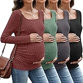 Sweetyweee 4 Pack Women's Maternity Ribbed Shirts Long Sleeve Square Neck Sweaters Casual Slim Side Ruched Pregnancy Clothes