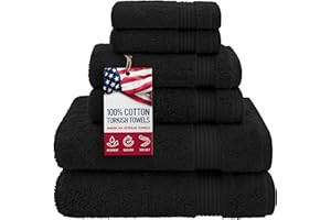 American Veteran Towel, 100% Cotton Turkish 6 Piece Towel Set, Luxury Towels Set of 6 for Bathroom Essentials, 2 Bath Towels 2 Hand Towels 2 Washcloths, Black
