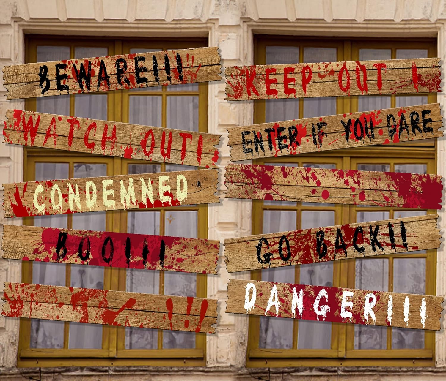 Yard Signs - 10pcs Halloween Haunted Window Boards, Beware Signs Window Warning Signs,Waterproof Outdoor Scary Sign for Halloween Party Decoration (10pcs window boards)