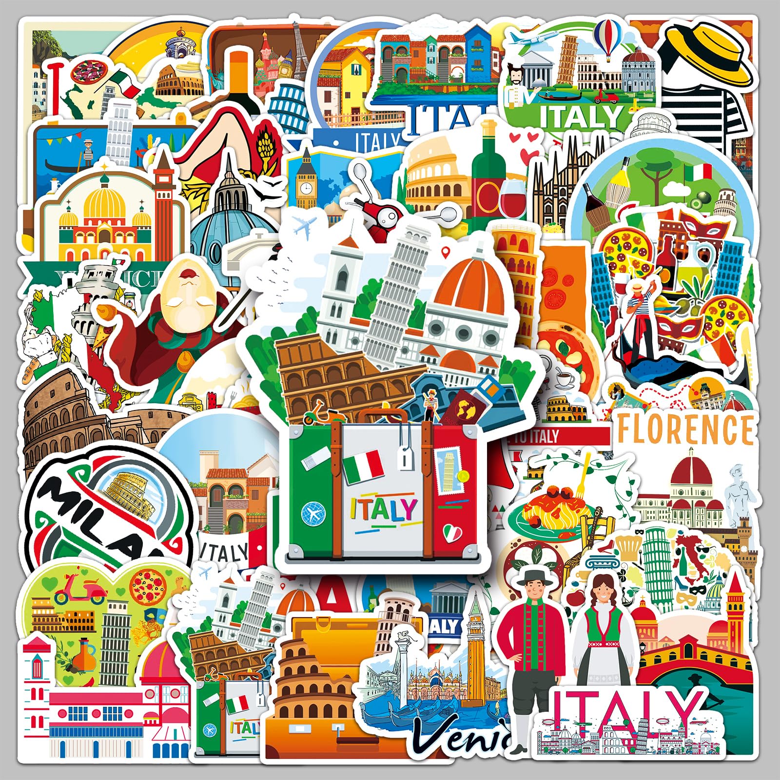 Italy Travel Stickers 50 pcs, Venice Milan Leaning Tower of Pisa Landmark Stickers
