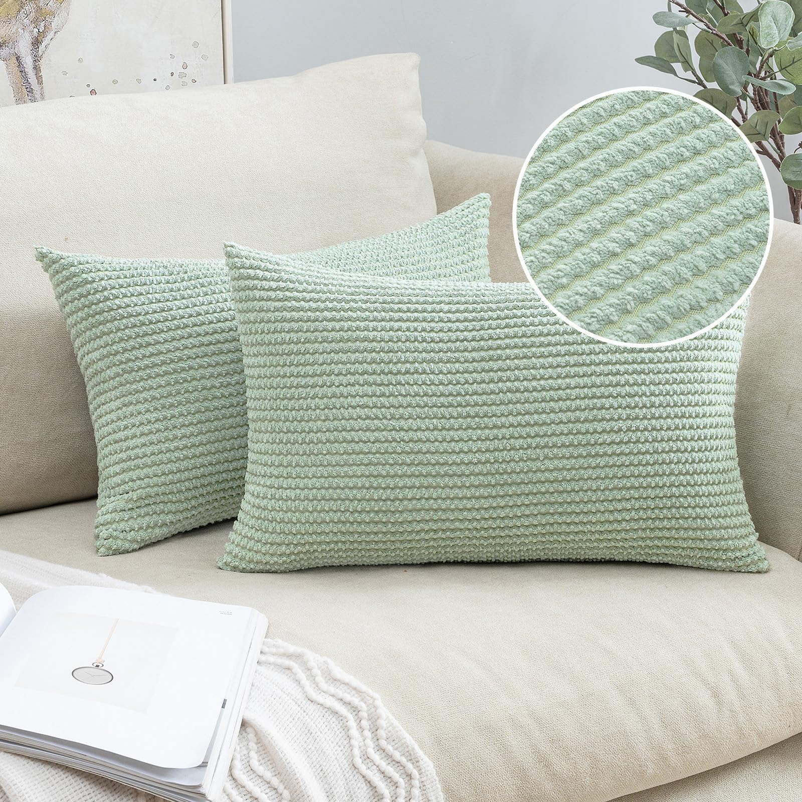 MIULEE Pack of 2 Corduroy Cushion Covers Decorative Throw Pillow Cover Square Pillowcase for Sofa Bedroom Living Room Home 12x20 Inch 30x50 cm Pea Grean