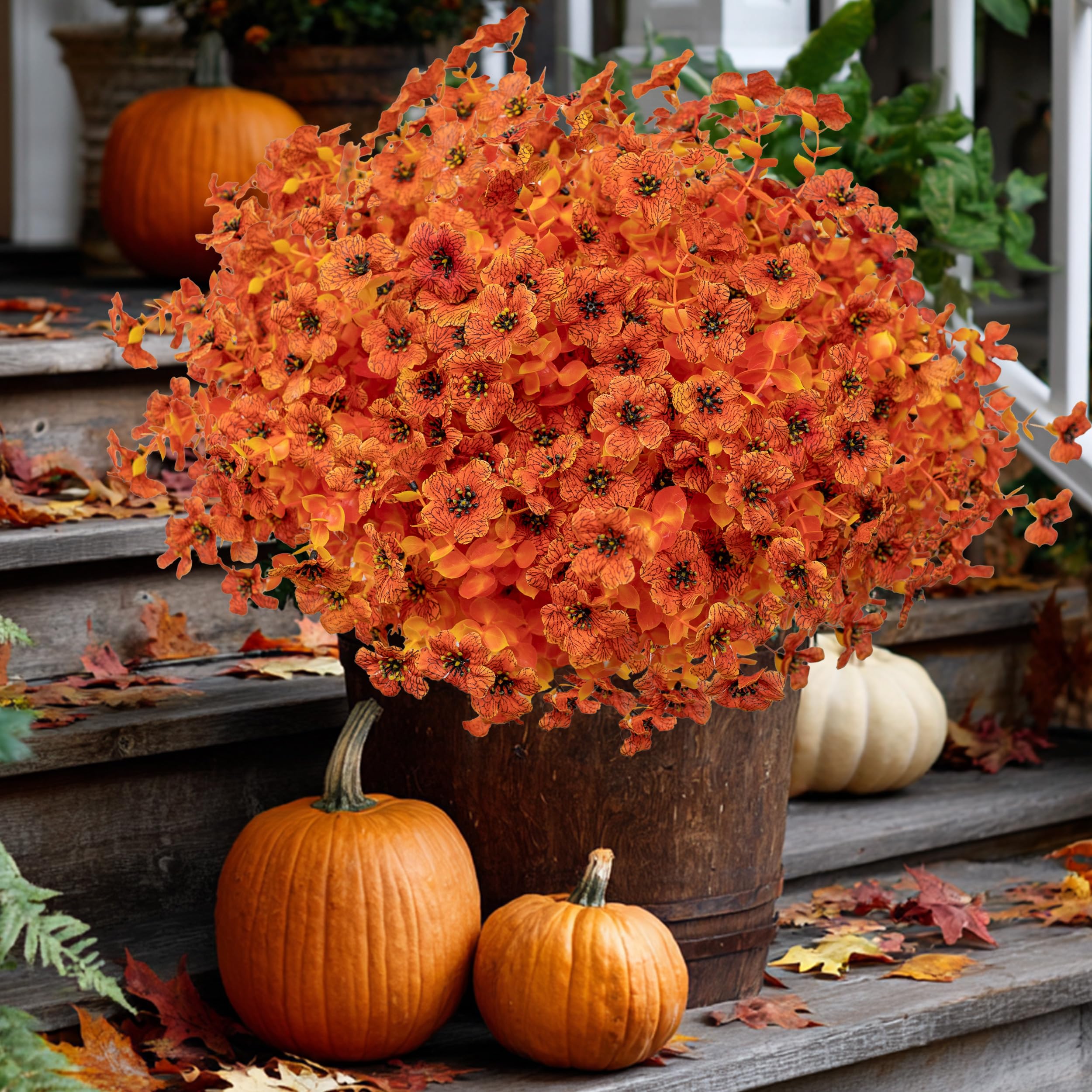 Photo 1 of AXYLEX Artificial Fall Flowers Outdoor Fake Mums - 16 Bundles Fake Plants UV Resistant No Fade Faux Plastic Greenery Garden Porch Patio Fall Home Decor (Orangeyellow)