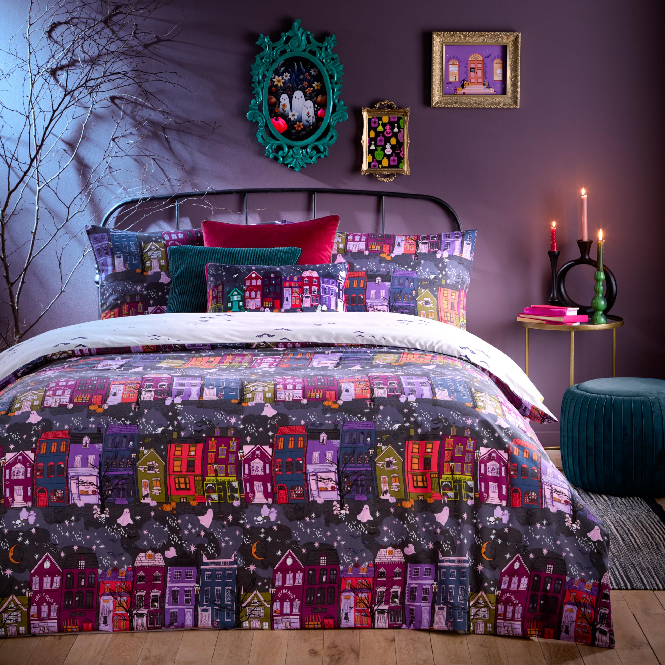 furn. Creepy Town Reversible Duvet Cover Set – Halloween Bedding (Charcoal - King U.K. Standard)