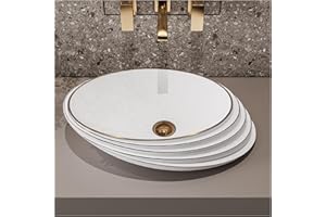 MEJE 21 Inch Slant Oval Shape Art Basin, Embossed Pattern,Rose Gold Trim Design, Above Counter Bathroom Sink, Porcelain Ceramic Countertop Vessel Sink (Include pop up drain)