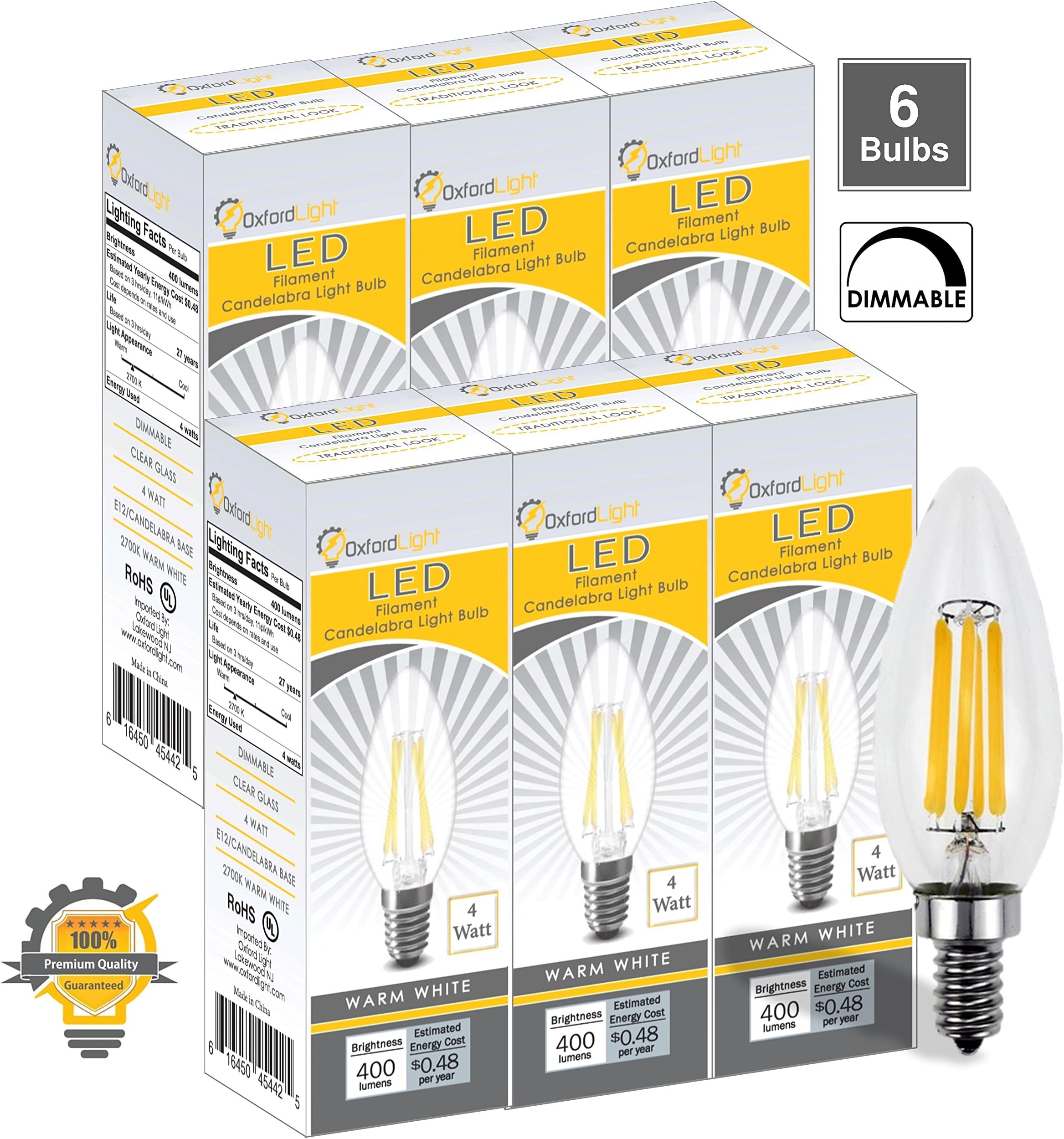 Oxford Light 4W 400LM Dimmable LED Candelabra Bulb 2700K Warm White, 40W Incandescent Equivalent E12 Base LED Chandelier Bulbs B10 Torpedo Shape, 6-Pack