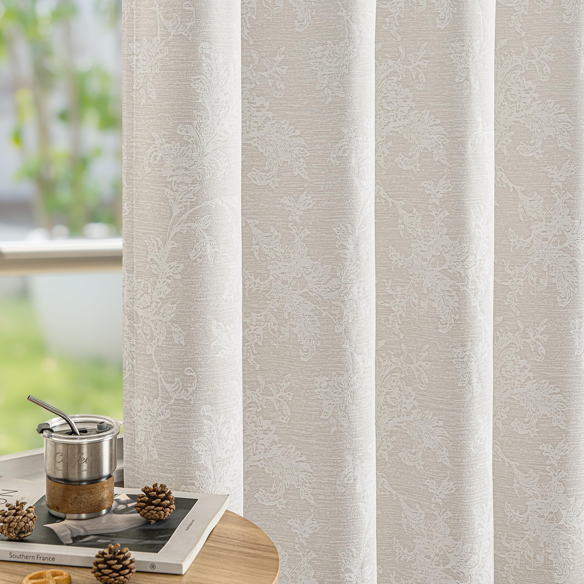 FMFUNCTEX Beige Floral Jacquard Blackout Curtains 108 Inches Long for Bedroom, Scroll Flower Chenille Farmhouse Curtains for Living Room Darkening Thermal Insulated Grommet Window Drapes 2 Panels