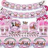 159 Pcs Horse Birthday Party Decorations - Pink Horse Themed Happy Birthday Banner, Paper Plates Napkins Cups Balloons Cake Cupcake Topper Tablecloth Forks Knives Spoons for Cute Horse Party Supplies