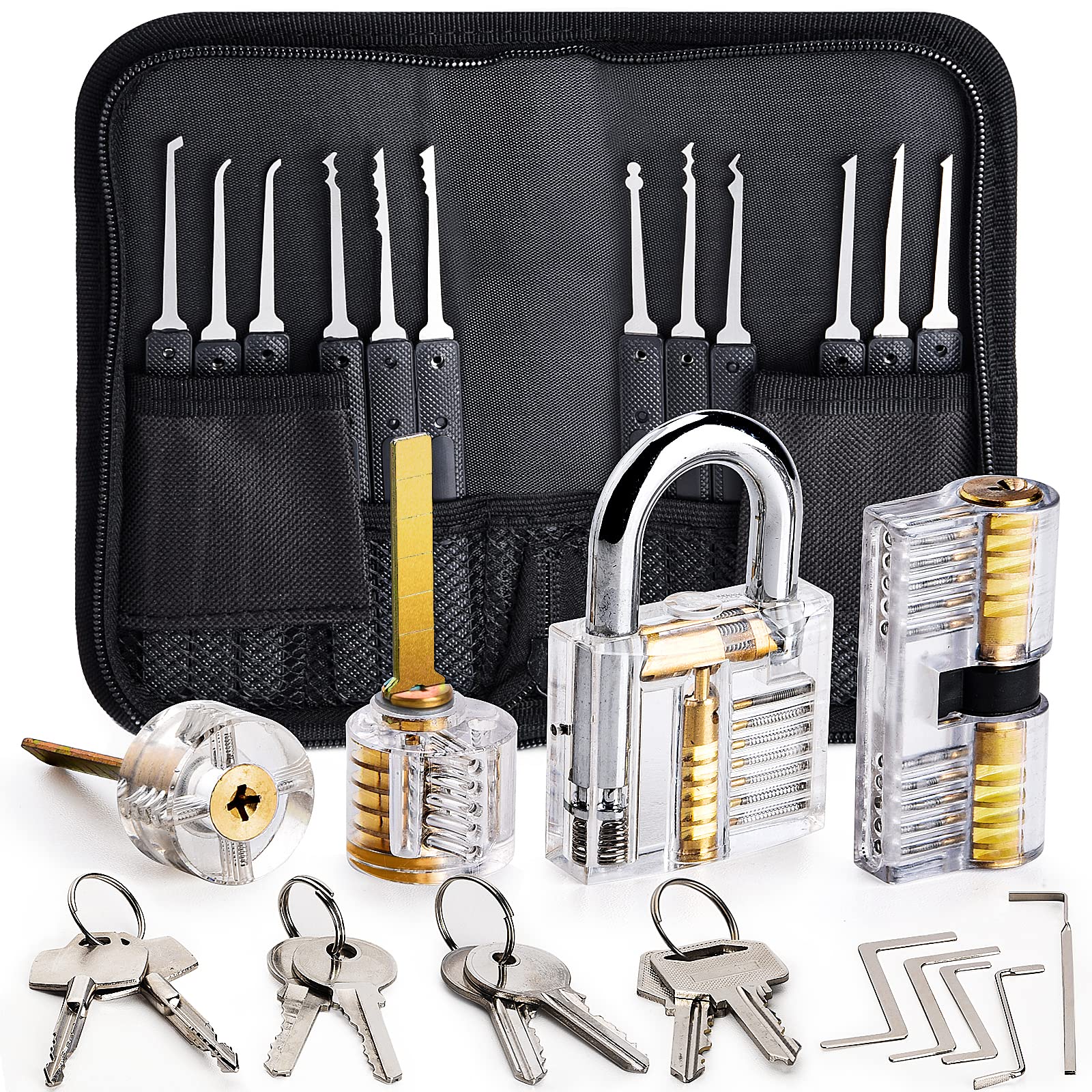 Lock Pick Set, Preciva 26pcs Locking Picking Tools with 4 Training Keyed Padlocks, [2024 Upgrade Version] Professional Practice Locks Picking Toolkit for Beginner and Locksmith Training (Transparent)
