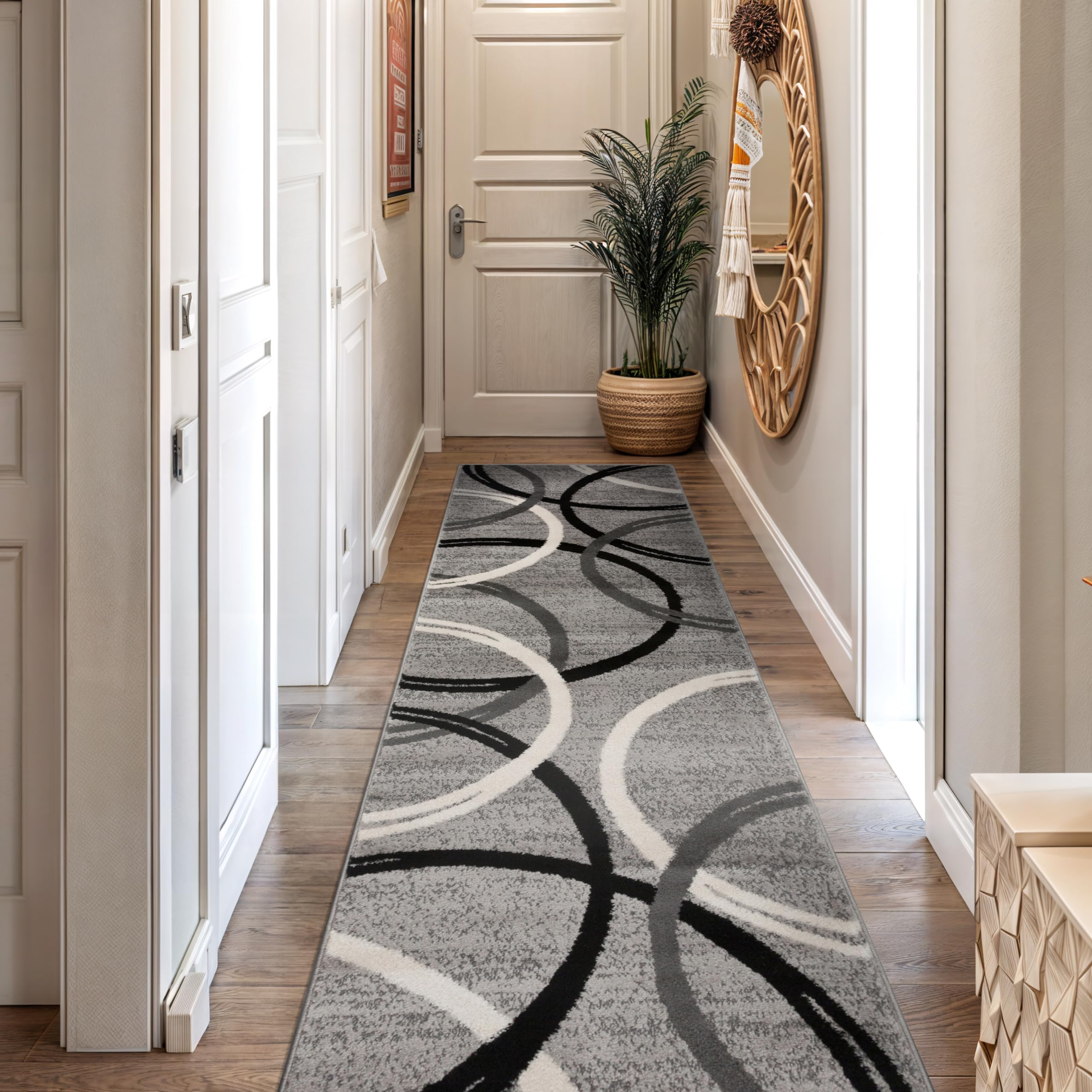 Rugshop Wavy Circles Design Runner Rug, Carpet with Jute Backing for Hallway, Kitchen, or Entryway, Gray, 2'7" x 10' Image