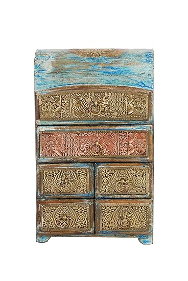 ARTEMENO Blue Wooden Rustic Half Round Drawer Chest 6 Drawer