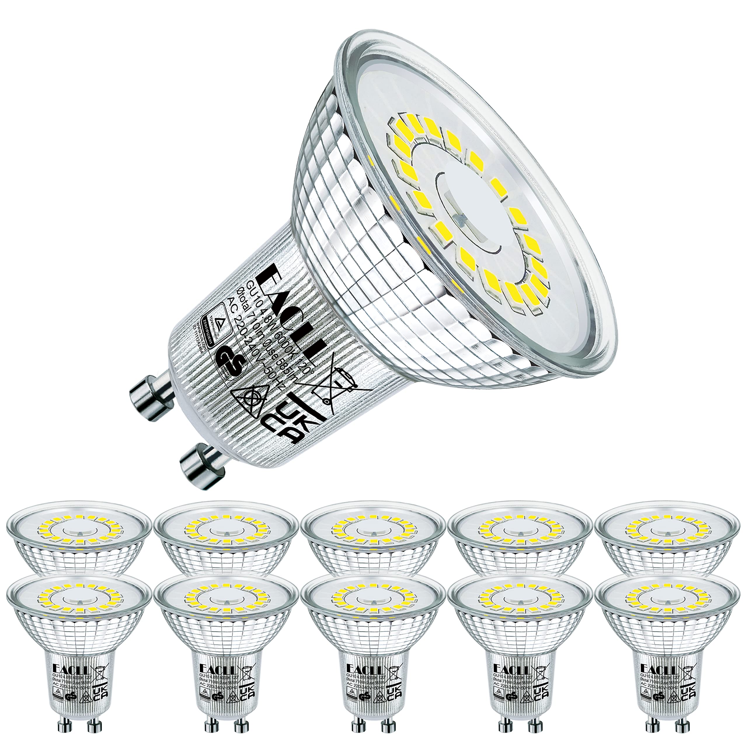 EACLL GU10 LED Bulbs Cool White 4.8W Equivalent 75W Halogen, Pack of 10, 710 Lumen 6000K Reflector Lamp, AC 230V Flicker-Free Spotlight, 120° Wide Beam Angle, Non-Dimmable Energy Saveing Light